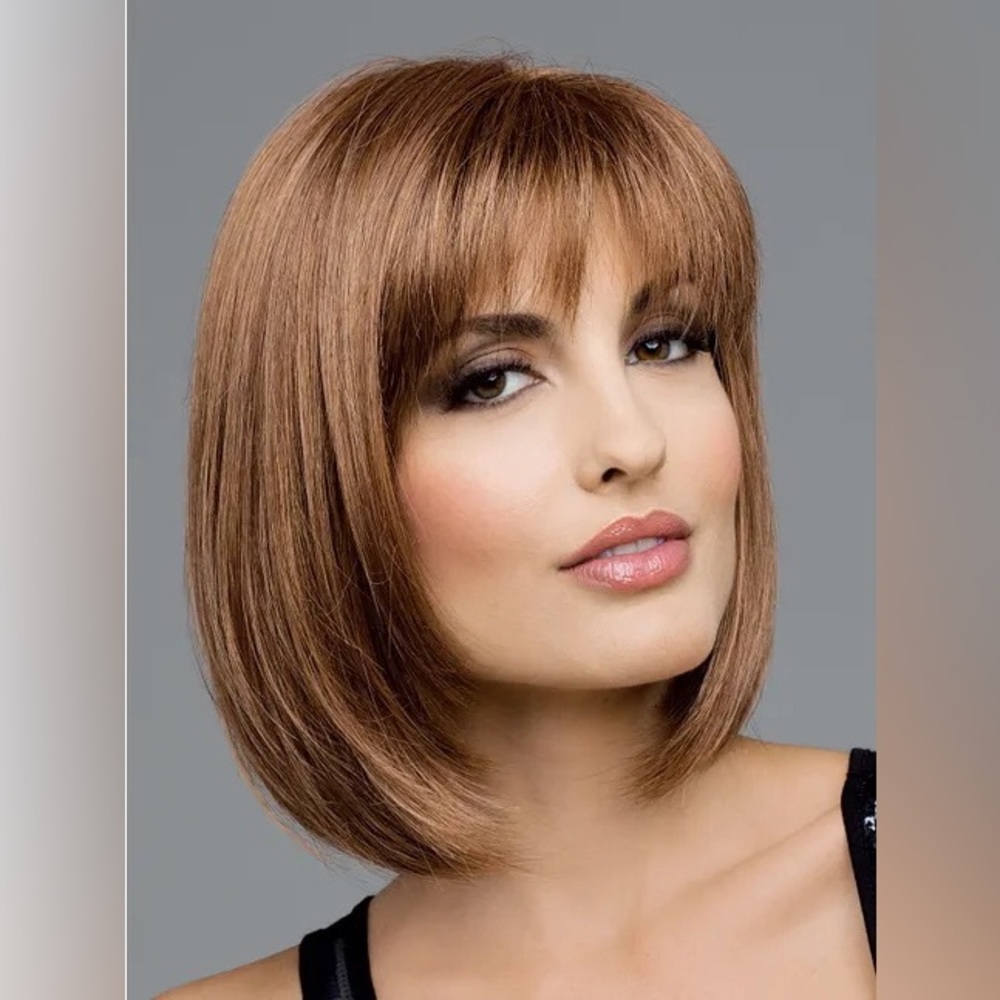 Envy Carley Monofilament Wig Short Bob Bangs Straight Golden Nutmeg Blonde